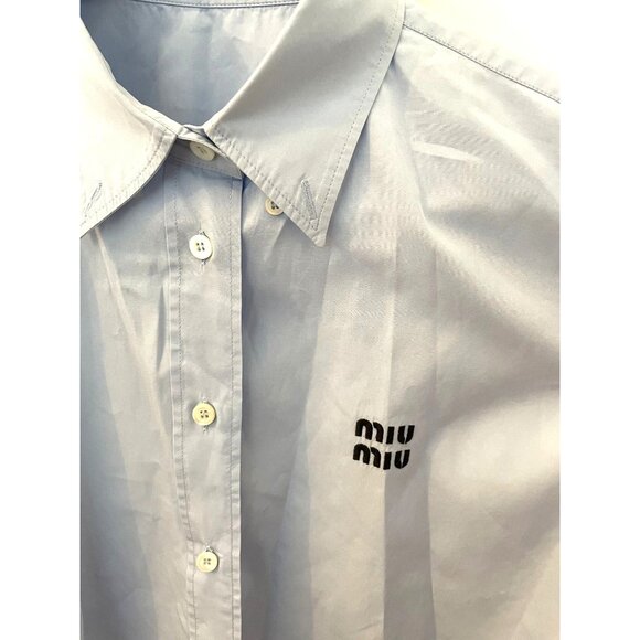 Miu Miu Light Blue Button-Up Shirt With Embroidered Logo Long Sleeves & Collared - Picture 3 of 7